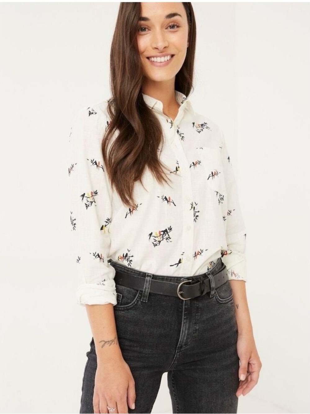 Fat Face Olivia white bird print button down, size 10